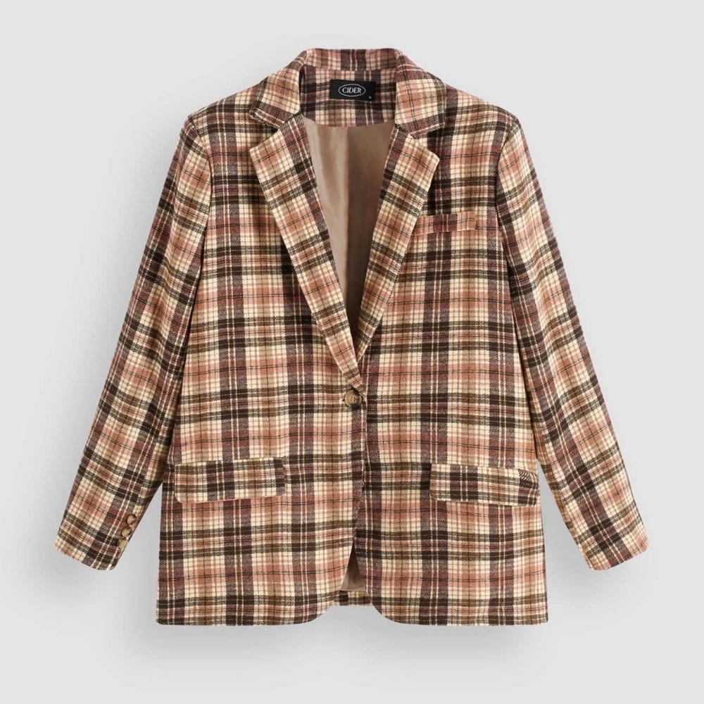 Cider Retro Plaid Pattern Blazer Womens Size Small Camel Brown Pink Oversized